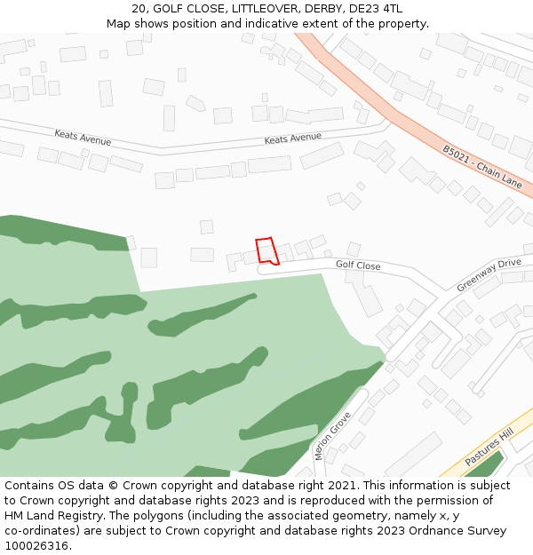 20, GOLF CLOSE, LITTLEOVER, DERBY, DE23 4TL: Location map and indicative extent of plot