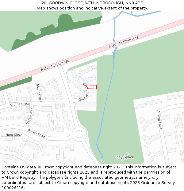 20, GOODWIN CLOSE, WELLINGBOROUGH, NN8 4BS: Location map and indicative extent of plot