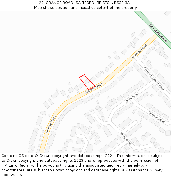 20, GRANGE ROAD, SALTFORD, BRISTOL, BS31 3AH: Location map and indicative extent of plot