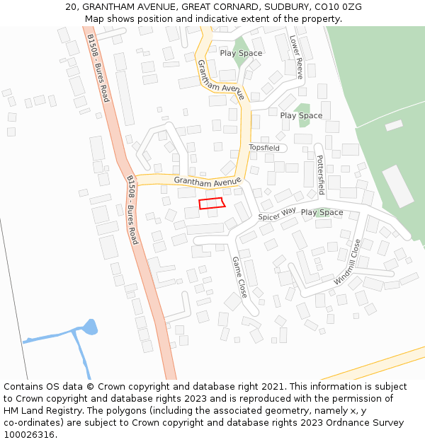 20, GRANTHAM AVENUE, GREAT CORNARD, SUDBURY, CO10 0ZG: Location map and indicative extent of plot