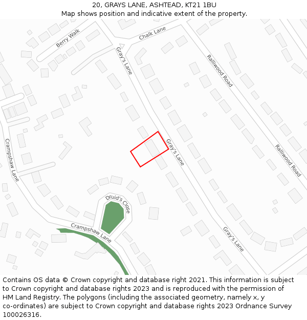 20, GRAYS LANE, ASHTEAD, KT21 1BU: Location map and indicative extent of plot