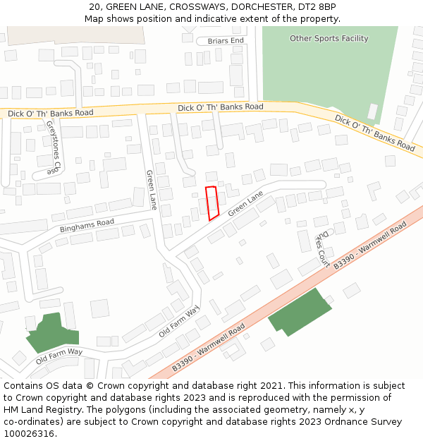 20, GREEN LANE, CROSSWAYS, DORCHESTER, DT2 8BP: Location map and indicative extent of plot