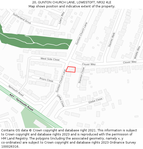 20, GUNTON CHURCH LANE, LOWESTOFT, NR32 4LE: Location map and indicative extent of plot
