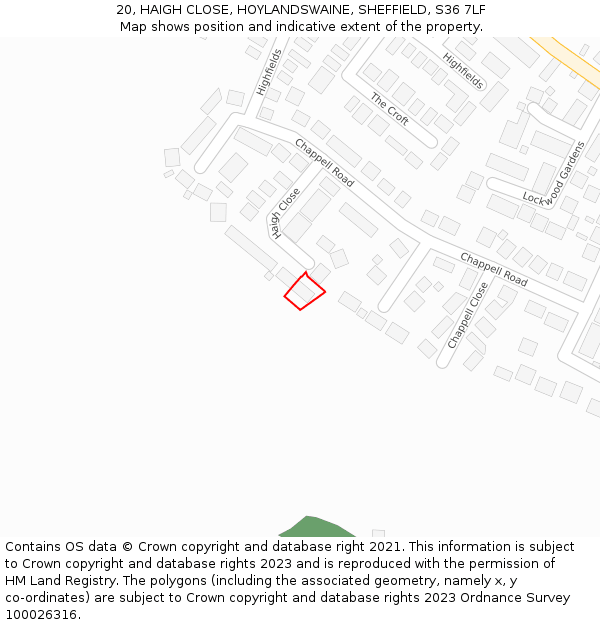20, HAIGH CLOSE, HOYLANDSWAINE, SHEFFIELD, S36 7LF: Location map and indicative extent of plot
