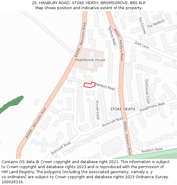 20, HANBURY ROAD, STOKE HEATH, BROMSGROVE, B60 4LR: Location map and indicative extent of plot