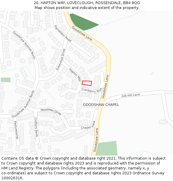 20, HAPTON WAY, LOVECLOUGH, ROSSENDALE, BB4 8QG: Location map and indicative extent of plot