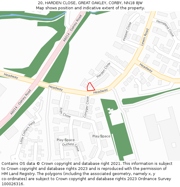 20, HARDEN CLOSE, GREAT OAKLEY, CORBY, NN18 8JW: Location map and indicative extent of plot