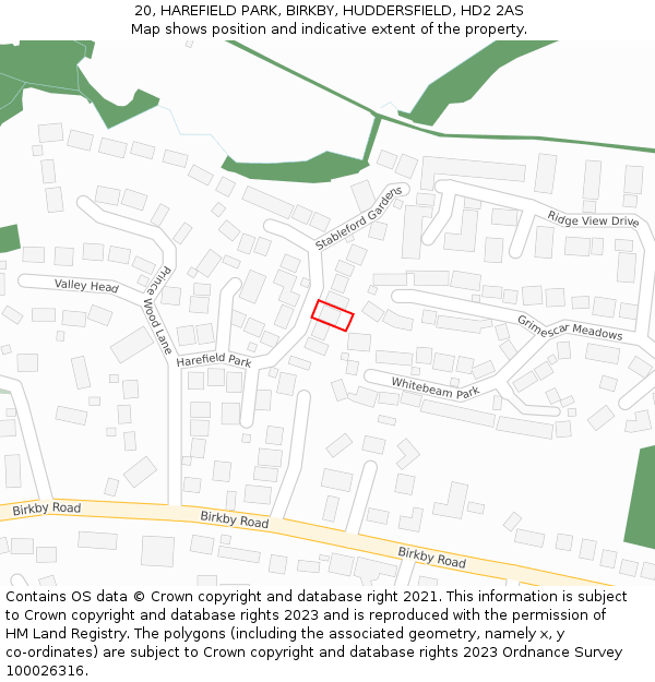 20, HAREFIELD PARK, BIRKBY, HUDDERSFIELD, HD2 2AS: Location map and indicative extent of plot