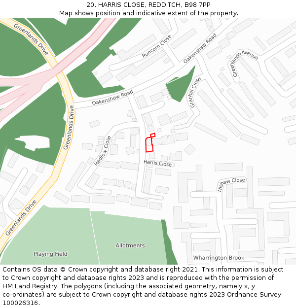 20, HARRIS CLOSE, REDDITCH, B98 7PP: Location map and indicative extent of plot