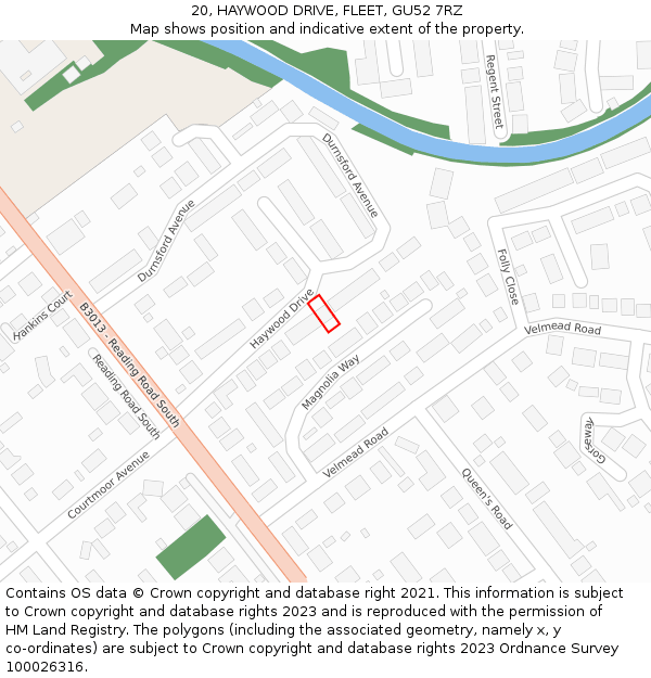 20, HAYWOOD DRIVE, FLEET, GU52 7RZ: Location map and indicative extent of plot