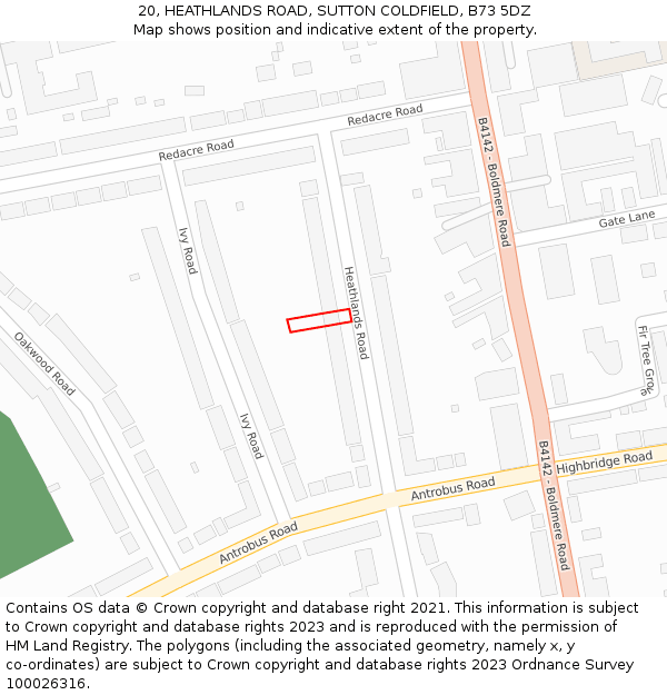20, HEATHLANDS ROAD, SUTTON COLDFIELD, B73 5DZ: Location map and indicative extent of plot