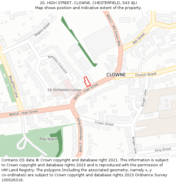 20, HIGH STREET, CLOWNE, CHESTERFIELD, S43 4JU: Location map and indicative extent of plot