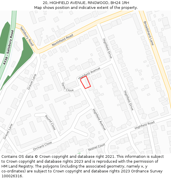 20, HIGHFIELD AVENUE, RINGWOOD, BH24 1RH: Location map and indicative extent of plot