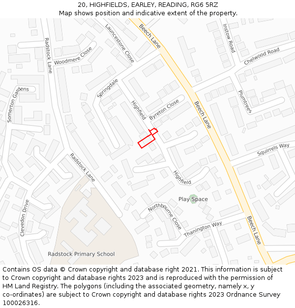 20, HIGHFIELDS, EARLEY, READING, RG6 5RZ: Location map and indicative extent of plot