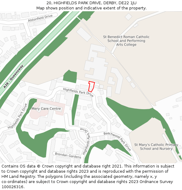20, HIGHFIELDS PARK DRIVE, DERBY, DE22 1JU: Location map and indicative extent of plot