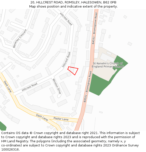 20, HILLCREST ROAD, ROMSLEY, HALESOWEN, B62 0PB: Location map and indicative extent of plot