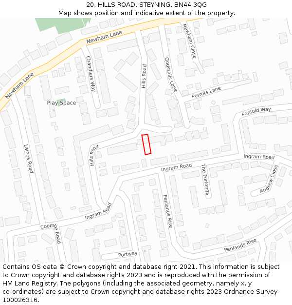 20, HILLS ROAD, STEYNING, BN44 3QG: Location map and indicative extent of plot