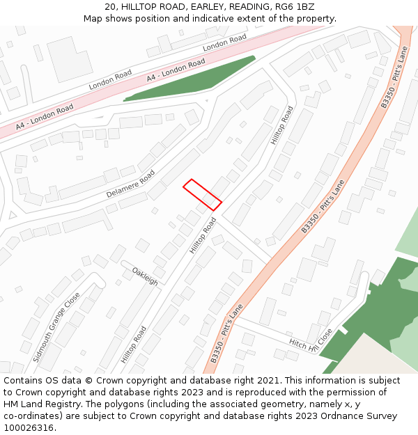 20, HILLTOP ROAD, EARLEY, READING, RG6 1BZ: Location map and indicative extent of plot