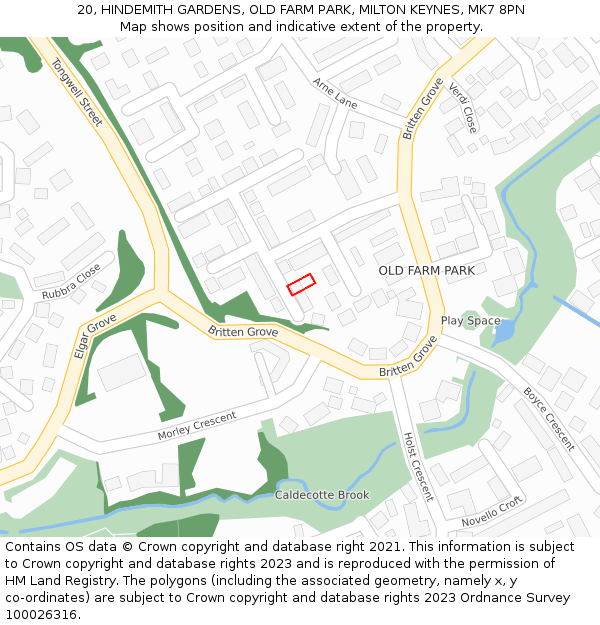 20, HINDEMITH GARDENS, OLD FARM PARK, MILTON KEYNES, MK7 8PN: Location map and indicative extent of plot