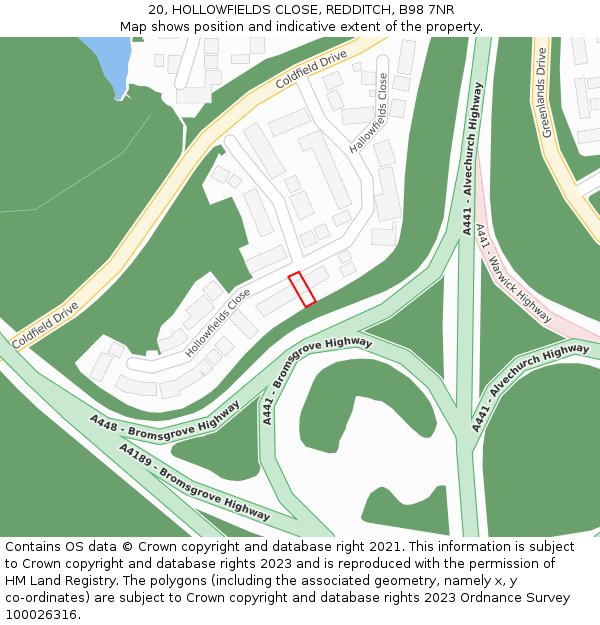 20, HOLLOWFIELDS CLOSE, REDDITCH, B98 7NR: Location map and indicative extent of plot
