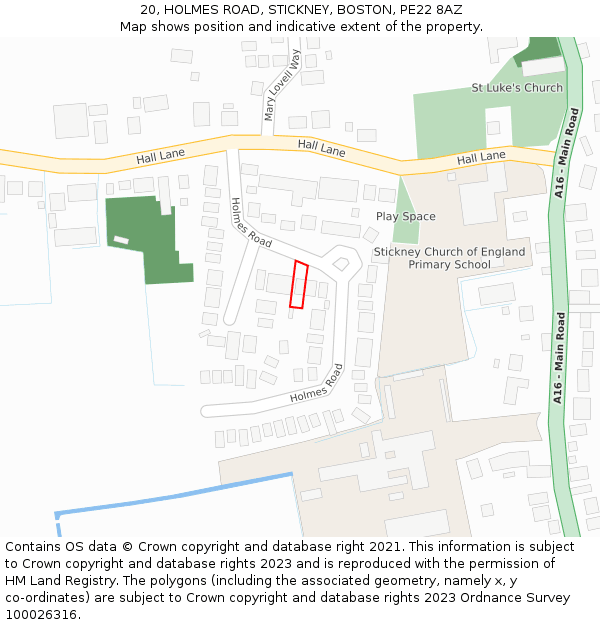 20, HOLMES ROAD, STICKNEY, BOSTON, PE22 8AZ: Location map and indicative extent of plot
