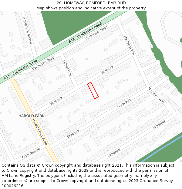 20, HOMEWAY, ROMFORD, RM3 0HD: Location map and indicative extent of plot
