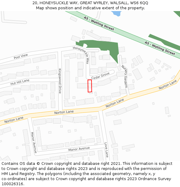 20, HONEYSUCKLE WAY, GREAT WYRLEY, WALSALL, WS6 6QQ: Location map and indicative extent of plot