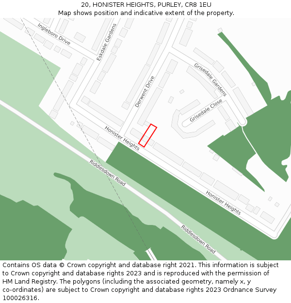 20, HONISTER HEIGHTS, PURLEY, CR8 1EU: Location map and indicative extent of plot
