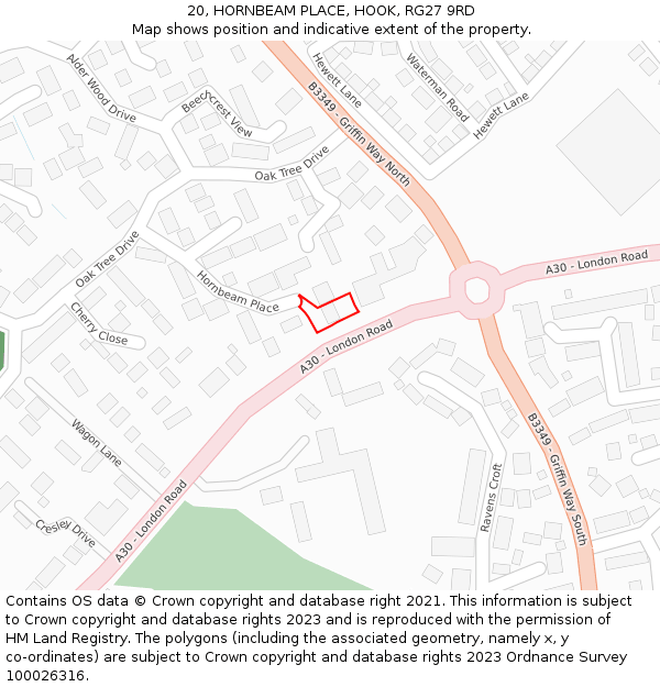 20, HORNBEAM PLACE, HOOK, RG27 9RD: Location map and indicative extent of plot