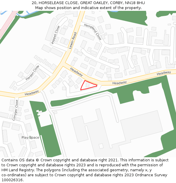 20, HORSELEASE CLOSE, GREAT OAKLEY, CORBY, NN18 8HU: Location map and indicative extent of plot