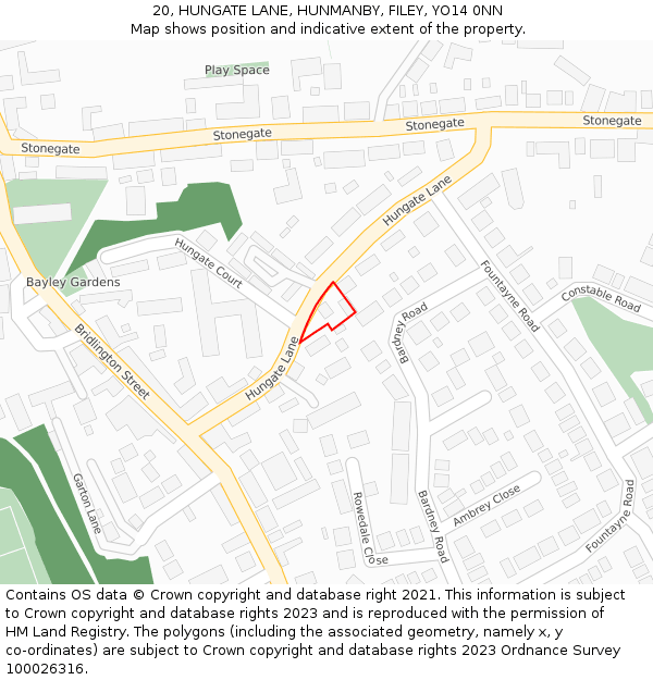 20, HUNGATE LANE, HUNMANBY, FILEY, YO14 0NN: Location map and indicative extent of plot