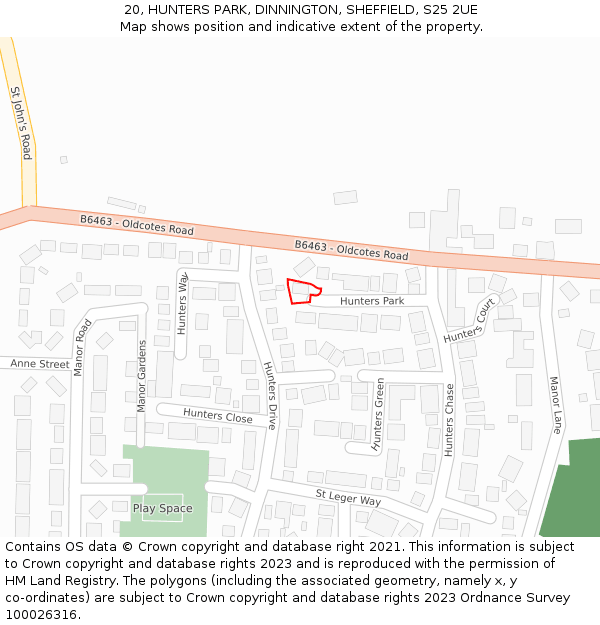 20, HUNTERS PARK, DINNINGTON, SHEFFIELD, S25 2UE: Location map and indicative extent of plot