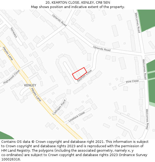 20, KEARTON CLOSE, KENLEY, CR8 5EN: Location map and indicative extent of plot