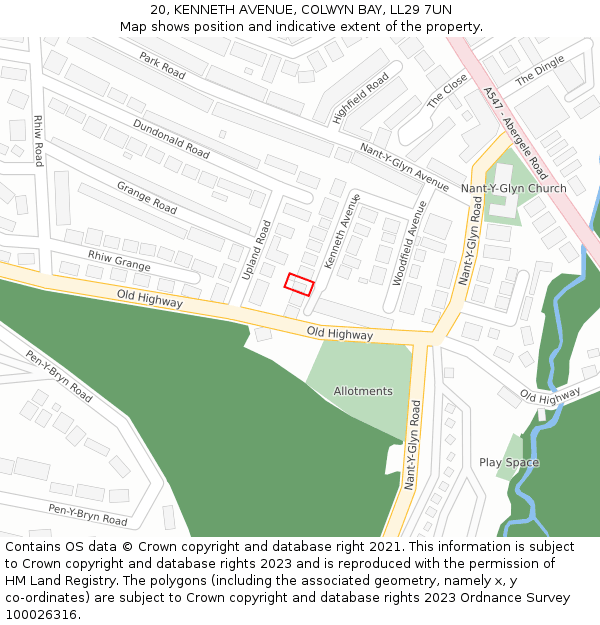 20, KENNETH AVENUE, COLWYN BAY, LL29 7UN: Location map and indicative extent of plot