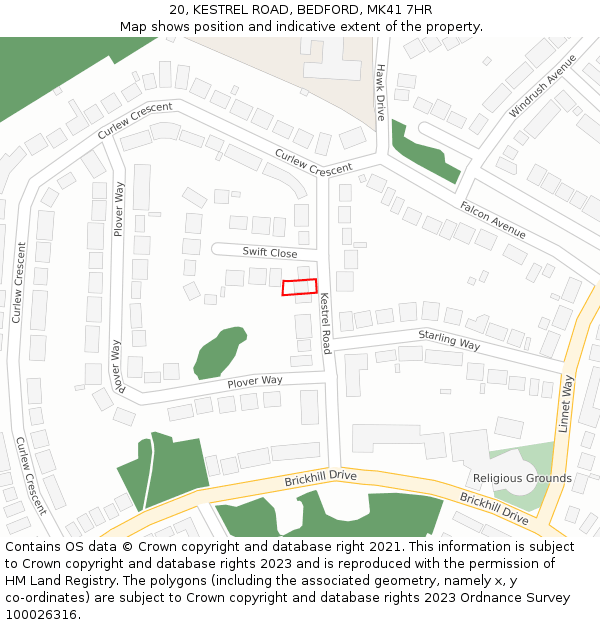 20, KESTREL ROAD, BEDFORD, MK41 7HR: Location map and indicative extent of plot