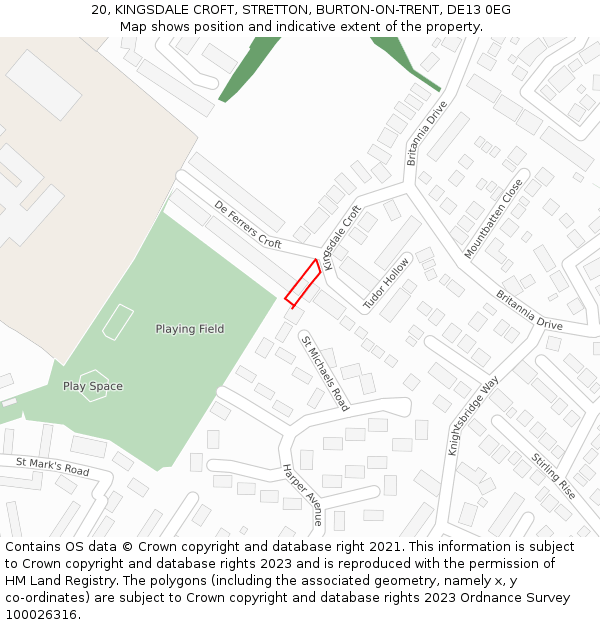 20, KINGSDALE CROFT, STRETTON, BURTON-ON-TRENT, DE13 0EG: Location map and indicative extent of plot