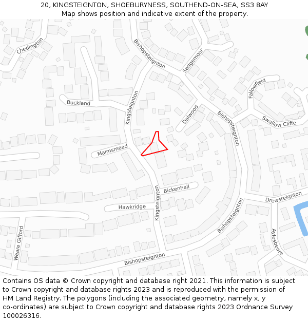 20, KINGSTEIGNTON, SHOEBURYNESS, SOUTHEND-ON-SEA, SS3 8AY: Location map and indicative extent of plot