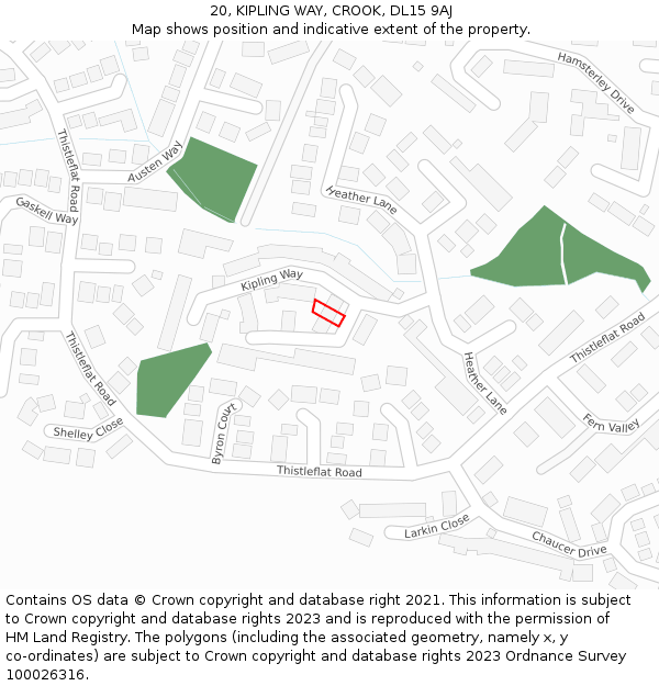 20, KIPLING WAY, CROOK, DL15 9AJ: Location map and indicative extent of plot
