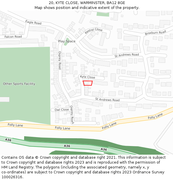 20, KYTE CLOSE, WARMINSTER, BA12 8GE: Location map and indicative extent of plot