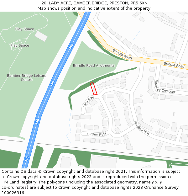 20, LADY ACRE, BAMBER BRIDGE, PRESTON, PR5 6XN: Location map and indicative extent of plot