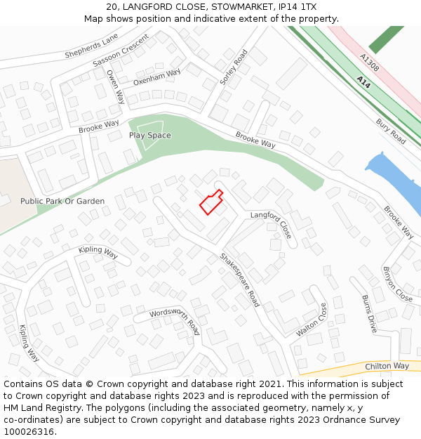 20, LANGFORD CLOSE, STOWMARKET, IP14 1TX: Location map and indicative extent of plot