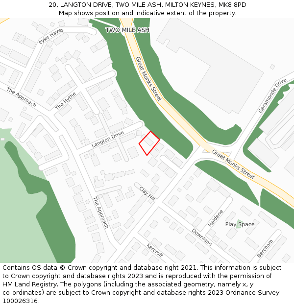 20, LANGTON DRIVE, TWO MILE ASH, MILTON KEYNES, MK8 8PD: Location map and indicative extent of plot