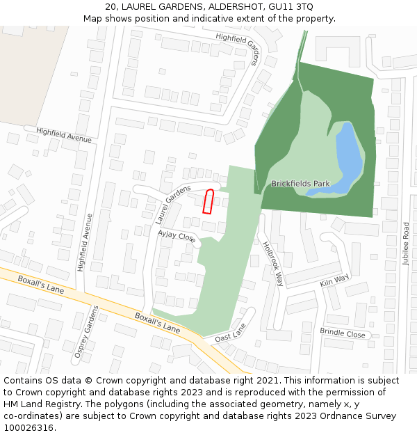20, LAUREL GARDENS, ALDERSHOT, GU11 3TQ: Location map and indicative extent of plot