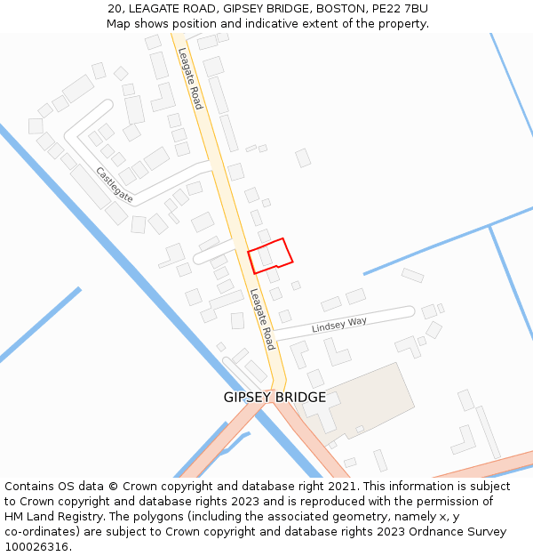20, LEAGATE ROAD, GIPSEY BRIDGE, BOSTON, PE22 7BU: Location map and indicative extent of plot