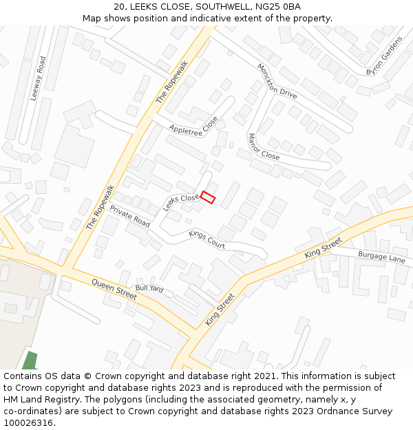 20, LEEKS CLOSE, SOUTHWELL, NG25 0BA: Location map and indicative extent of plot