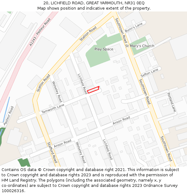 20, LICHFIELD ROAD, GREAT YARMOUTH, NR31 0EQ: Location map and indicative extent of plot