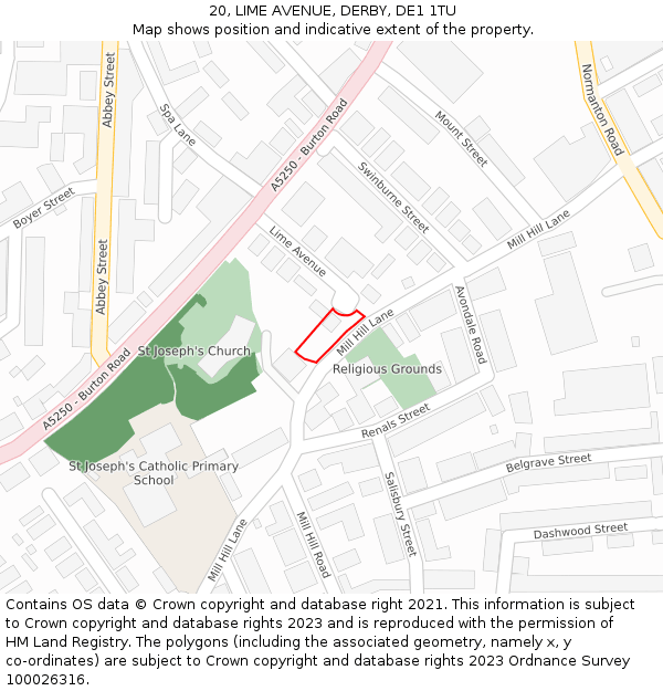 20, LIME AVENUE, DERBY, DE1 1TU: Location map and indicative extent of plot