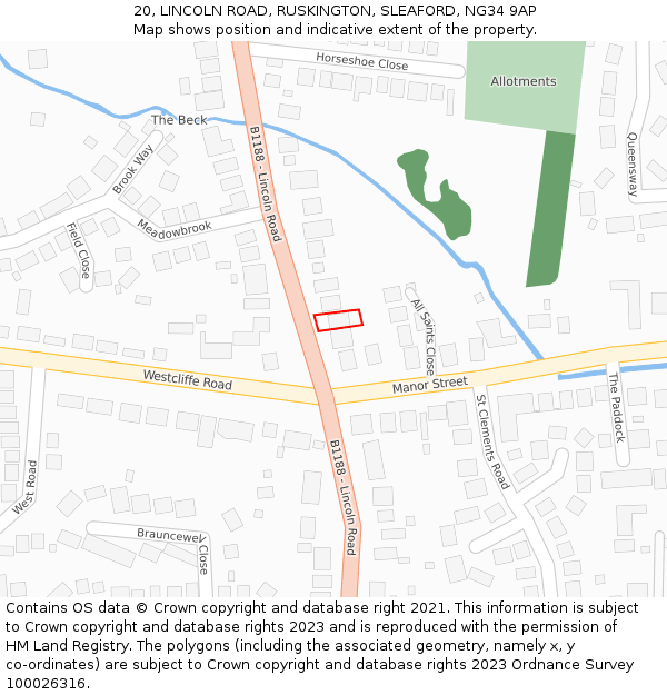 20, LINCOLN ROAD, RUSKINGTON, SLEAFORD, NG34 9AP: Location map and indicative extent of plot