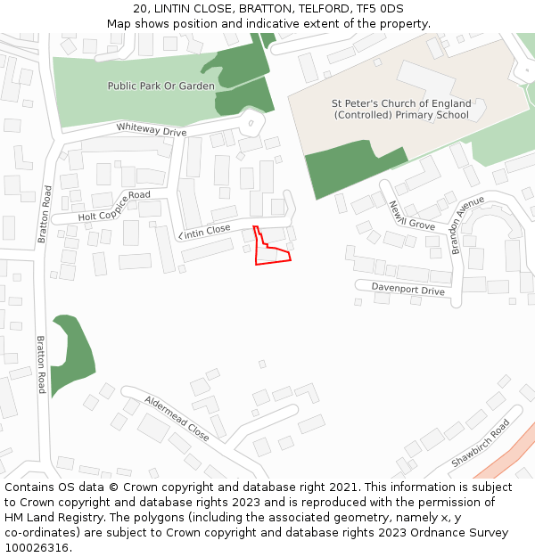 20, LINTIN CLOSE, BRATTON, TELFORD, TF5 0DS: Location map and indicative extent of plot