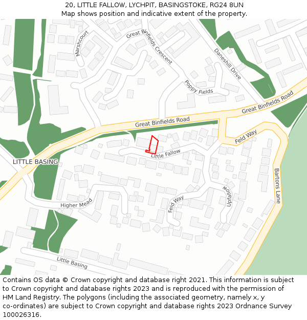 20, LITTLE FALLOW, LYCHPIT, BASINGSTOKE, RG24 8UN: Location map and indicative extent of plot